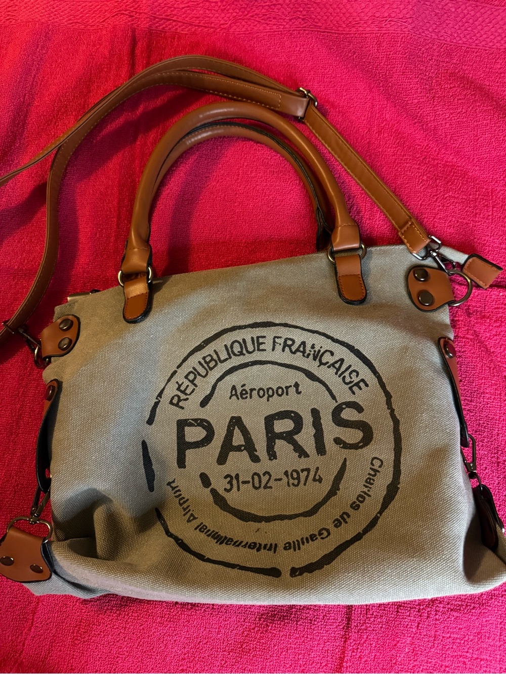 Gray Canvas Paris Stamp Tote with Brown Trim